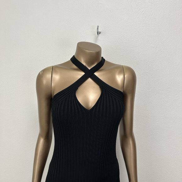 New Bebe Lindsey Halter Black Ribbed Bodycon Maxi Dress Size L Sleeveless - Picture 3 of 10